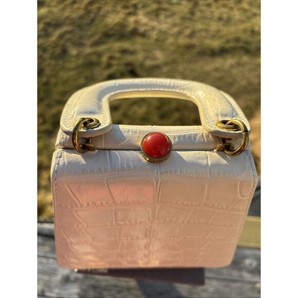 Staud Bag Kenny Cream Trapezoid Handbag Croc Embossed Leather Top Handle 6.5” - Picture 5 of 13